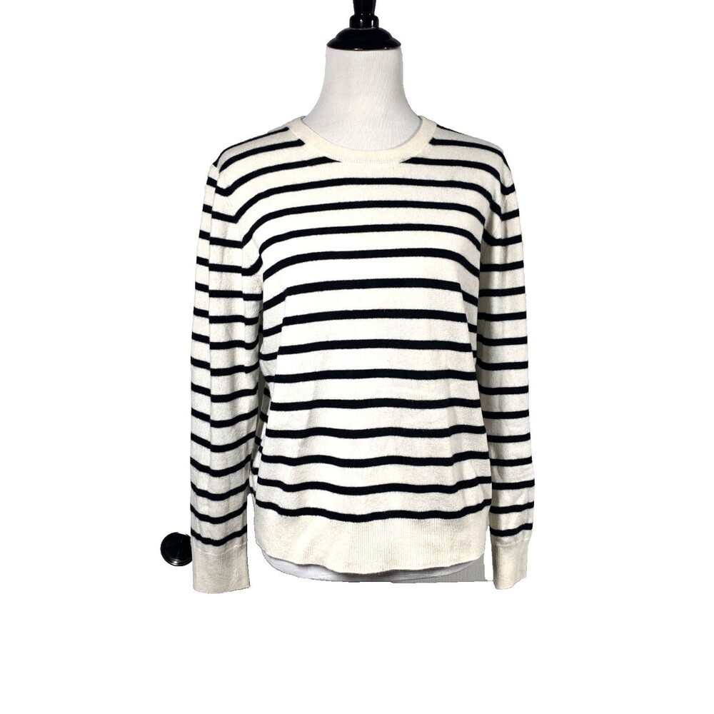 Quince Mongolian Cashmere Sweater L Womens Striped Crewneck Pullover Black Ivory